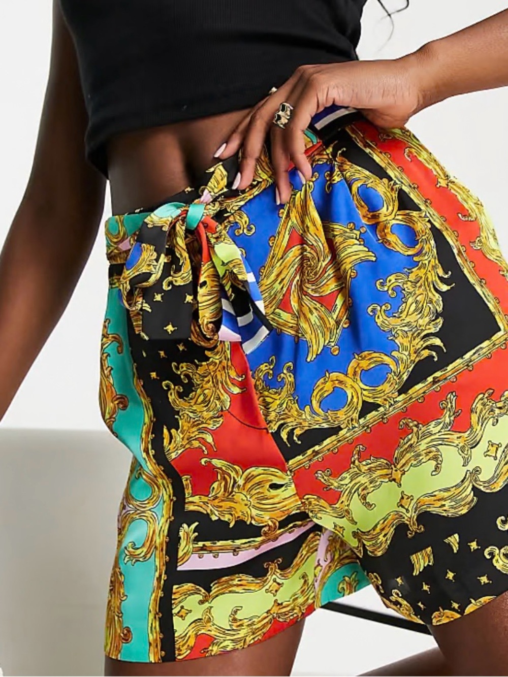 Mango Multicolor Scarf-Print Tie-Waist Shorts